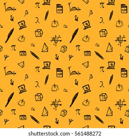 Hand drawn seamless vector pattern with education icons, figures, computer, diagram - contour, color, line art style drawing. Could be used as print, wrapping paper, background and textile ornament.

