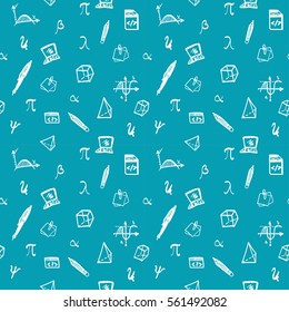Hand drawn seamless vector pattern with education icons, figures, computer, diagram - contour, color, line art style drawing. Could be used as print, wrapping paper, background and textile ornament.