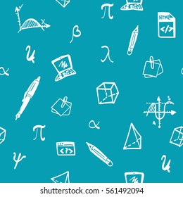 Hand drawn seamless vector pattern with education icons, figures, computer, diagram - contour, color, line art style drawing. Could be used as print, wrapping paper, background and textile ornament.
