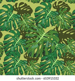 Hand drawn seamless vector pattern of split leaf philodendrom. Sketch style.