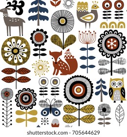 Hand drawn seamless vector pattern on white background. Scandinavian style drawing of flowers, woodland animals and traditional motifs.