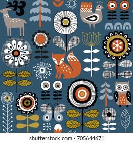 Hand drawn seamless vector pattern on dark blue background. Scandinavian style drawing of flowers, woodland animals and traditional motifs.