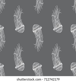 Hand drawn seamless vector pattern with sea jellyfish - contour, line art style drawing
