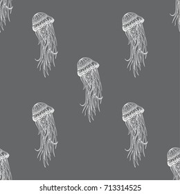 Hand drawn seamless vector pattern with sea jellyfish - contour, line art style drawing