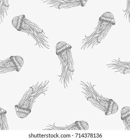 Hand drawn seamless vector pattern with sea jellyfish - contour, line art style drawing