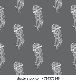Hand drawn seamless vector pattern with sea jellyfish - contour, line art style drawing