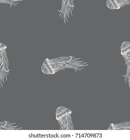 Hand drawn seamless vector pattern with sea jellyfish - contour, line art style drawing