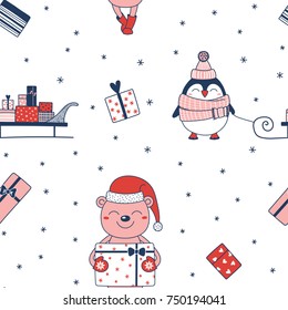 Hand drawn seamless vector pattern with a cute penguin, sledge with presents, bear carrying a gift, on a white background. Design concept for Christmas, kids textile print, wallpaper, wrapping paper.