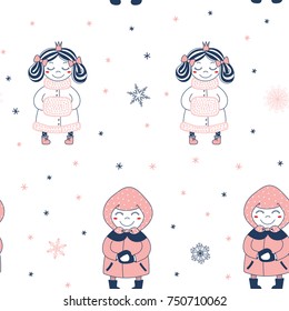 Hand drawn seamless vector pattern with a cute princess with a handwarmer, girl making a snowball, on a white background. Design concept for Christmas, winter, kids textile print, wrapping paper.