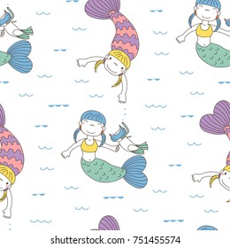 Hand drawn seamless vector pattern with cute funny little mermaid girls, diving cat, in the sea, waves, shells, crab, starfish. Design concept for kids textile print, wallpaper, wrapping paper.