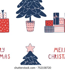 Hand drawn seamless vector pattern with a decorated Christmas tree, presents, text Merry Christmas, on a white background. Design concept for winter holidays, kids textile print, wrapping paper.