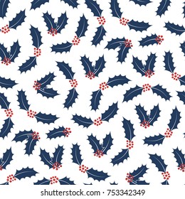 Hand drawn seamless vector pattern with holly leaves, berries, on a white background. Design concept for winter holidays, kids textile print, wallpaper, wrapping paper.