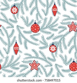 Hand drawn seamless vector pattern with fir tree branches and Christmas decorations. Design concept for winter holidays, kids textile print, wallpaper, wrapping paper.