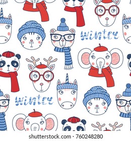Hand drawn seamless vector pattern with cute animal faces in warm hats, mufflers, on a white background with text winter. Design concept for Christmas, winter, textile print, wallpaper, wrapping paper