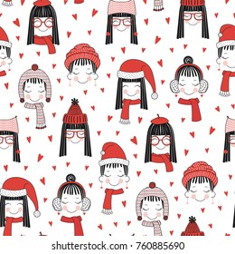 Hand drawn seamless vector pattern with cute girls faces in warm hats, mufflers, on a white background with red hearts. Design concept for Christmas, winter, textile print, wallpaper, wrapping paper.