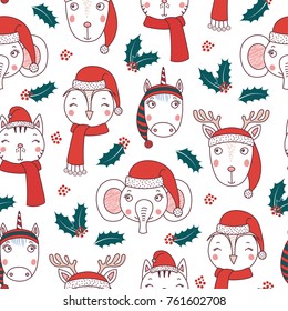 Hand drawn seamless vector pattern with cute animal faces in Santa hats, mufflers, on a white background with holly. Design concept for Christmas, winter, kids textile print, wallpaper, wrapping paper