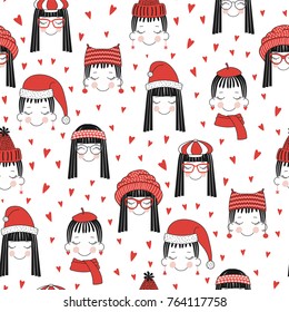 Hand drawn seamless vector pattern with cute girls faces in warm hats, mufflers, on a white background with red hearts. Design concept for Christmas, winter, textile print, wallpaper, wrapping paper.