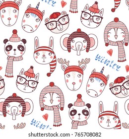 Hand drawn seamless vector pattern with cute animal faces in warm hats, mufflers, on a white background with text winter. Design concept for Christmas, winter, textile print, wallpaper, wrapping paper