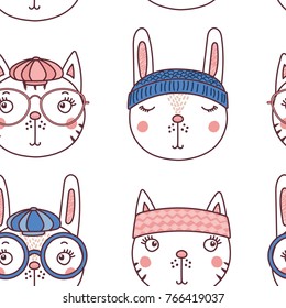Hand drawn seamless vector pattern with cute animal faces in warm hats, mufflers, on a white background. Design concept for Christmas, winter holidays, kids textile print, wallpaper, wrapping paper.