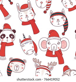 Hand drawn seamless vector pattern with cute animal faces in Santa hats, mufflers, on a white background. Design concept for Christmas, winter holidays, kids textile print, wallpaper, wrapping paper.