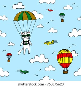 Hand drawn seamless vector pattern with skydiver cat, air baloon, planes and clouds. Design concept for kids textile print, wallpaper, wrapping paper. Cute funny background.
