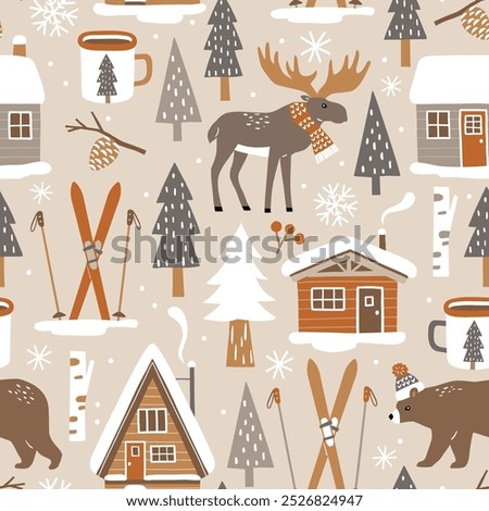 Hand drawn seamless vector pattern with forest animals and pine trees. Snowy winter woodland landscape with cute moose, bear and ski lodge. EPS 10 vector file. Perfect for textile, wallpaper, print. 