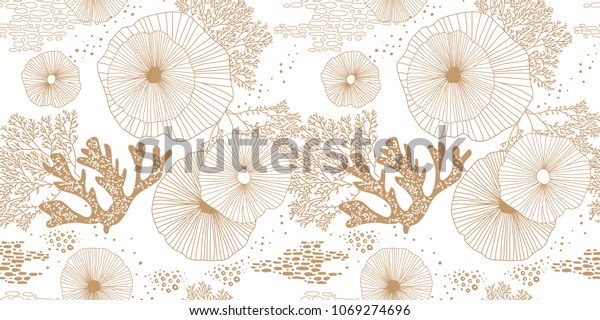Hand drawn seamless vector\
pattern. Gold corals and algae on a white background for printing,\
fabric, textile, manufacturing, wallpapers. Sea\
bottom.