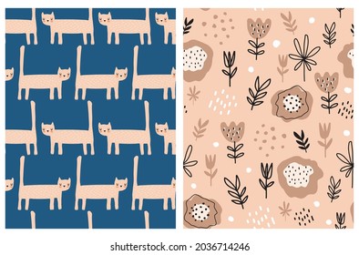 Hand Drawn Seamless Vector Patterns with Cute Cats and Flowers on a Dark Blue and Blush Pink Background. Abstract Garden. Infantile Style Floral Print ideal for Fabric. Funny Design for Cat Lovers.