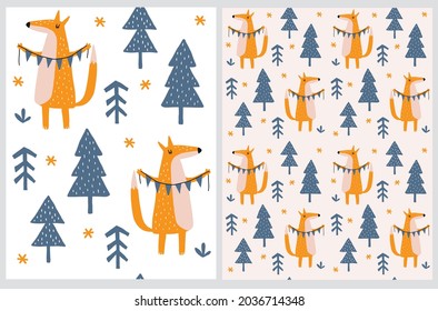 Hand Drawn Seamless Vector Patterns with Cute Orange Fox Standing in the Forest. Background. Infantile Style Woodland Party Print. Funny Fox Holding Party Garland Isolated on a White and Blush Beige. 