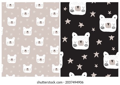 Hand Drawn Seamless Vector Patterns with Cute Dreamy Bears and Stars. Infantile Style Woodland Party Print ideal for Fabric, Textile. Funny White Bear Isolated on a Black and Beige Background.