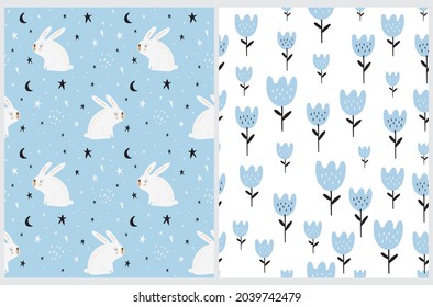 Hand Drawn Seamless Vector Patterns with Cute Bunnies, Stars and Flowers. Infantile Style Floral Print. Simple Abstract Garden with Blue Tulips on a White Background. Easter Print with White Rabbits.