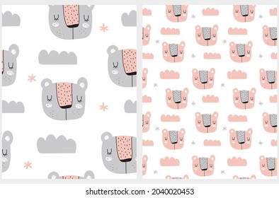 Hand Drawn Seamless Vector Patterns with Cute Dreamy Bears, Stars and Clouds. Infantile Style Woodland  Print. Simple Abstract Gray and Blush Pink Bear Heads Isolated on a White Background.