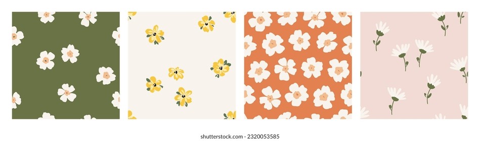 Patrones vectoriales sin fisuras dibujados a mano con hermosas flores silvestres. Un bonito fondo veraniego con flores de prado. Fondo inagotable de primavera para el diseño infantil, textil e impresiones. Patrones vectoriales coloreados