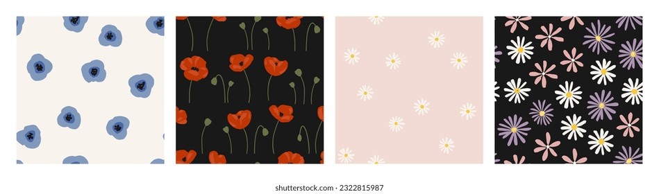 Hand drawn seamless vector patterns with lovely wildflowers. Cute summer background with meadow flowers. Spring endless background for kids design, textile and prints. Colored vector patterns