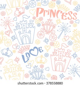 Hand drawn seamless vector pink and blue pattern of little princess doodles. Background for use in design, web site, textile. 