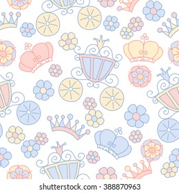 Hand drawn seamless vector pink and blue pattern of little princess doodles. Background for use in design, web site, textile