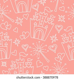Hand drawn seamless vector pink pattern of little princess doodles. Background for use in design, web site, textile. 