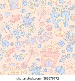 Hand drawn seamless vector pink and blue pattern of little princess doodles. Background for use in design, web site, textile