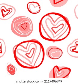 Hand Drawn Seamless Vector With Red Pastel Pink Hearts, Valentines, Circles, Stripes For Instagram Icon, Unique Valentine's Day Card, Digital Vector Background Linkedin Banner, Facebook Cover