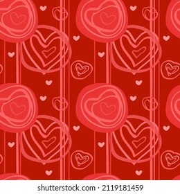 Hand Drawn Seamless Vector With Red Pastel Pink Hearts, Circles, Stripes, Valentines On Dark Red Background Vector Seamless Pattern For Instagram Icon, Linkedin Banner, Facebook Cover, Textile Fabric 