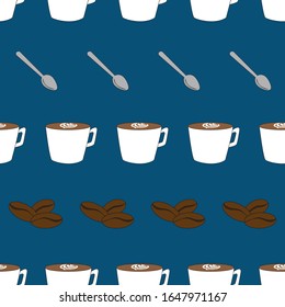 Hand drawn seamless vector repeat pattern including coffee images. Great for kitchen items and coffee shop packaging. 