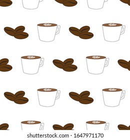 Hand drawn seamless vector repeat pattern including coffee images. Great for kitchen items and coffee shop packaging. 
