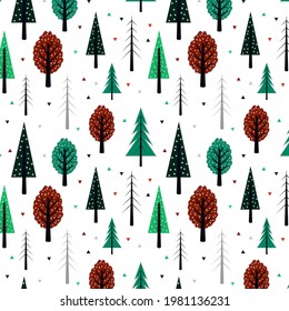 Hand drawn seamless vector repeat pattern with colorful pine trees on white background. Great for Fabric, Wallpaper, Packaging and more.