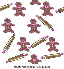 Hand drawn seamless vector repeating pattern of a gingerbread man cookie and a rolling pin.