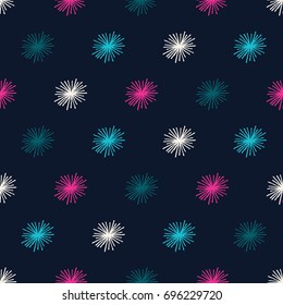 Hand drawn seamless vector retro starburst pattern.  Hand illustrated abstract 4th of July fireworks background.