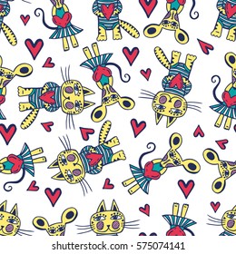 Hand drawn seamless vector romantic pattern. Cats, mouses, hearts in doodle childish style. Romantic cute elements for Valentine's  and wedding day card, prints and t-shirts design.