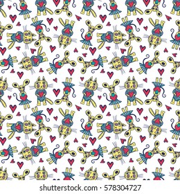 Hand drawn seamless vector romantic pattern. Cats, mouses, hearts in doodle childish style. Romantic cute elements for Valentine's  and wedding day card, prints and t-shirts design.