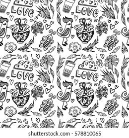 Hand drawn seamless vector romantic pattern. Birds, butterfly, hearts and flowers in doodle childish style. Romantic cute elements for Valentine's  and wedding day card, prints and t-shirts design.