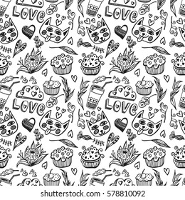 Hand drawn seamless vector romantic pattern. Cats, cupcakes, hearts and flowers in doodle childish style. Romantic cute elements for Valentine's  and wedding day card, prints and t-shirts design.