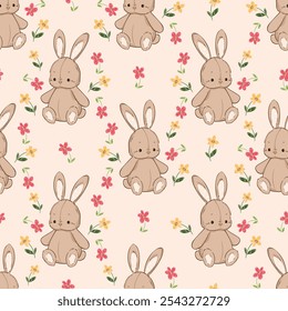 Hand Drawn Seamless Vintage Bunny with Flowers Pattern Vector illustration